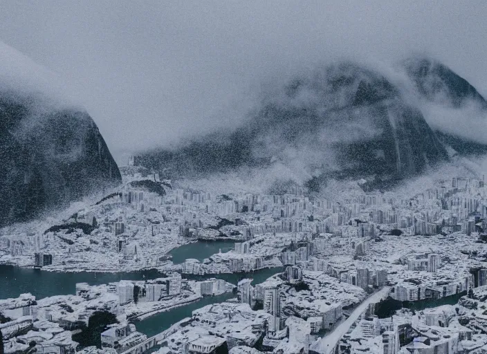 Image similar to rio de janeiro pao de acucar, city snowing with a lot of snow, mountains full of snow, photography award photo, 4 k