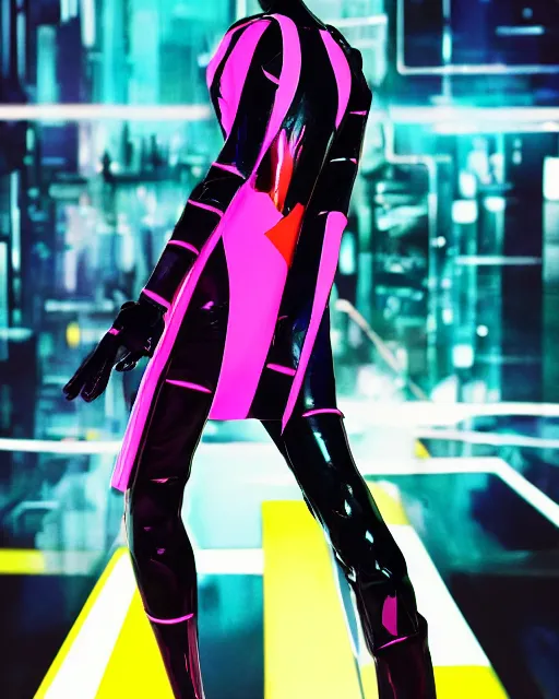 Image similar to an award winning fashion photograph for Balenciaga's futuristic cyberpunk Bladerunner 2049 fall corporate line by Artgerm, dazzle camouflage!, dayglo pink, dayglo blue, raven black, the Matrix