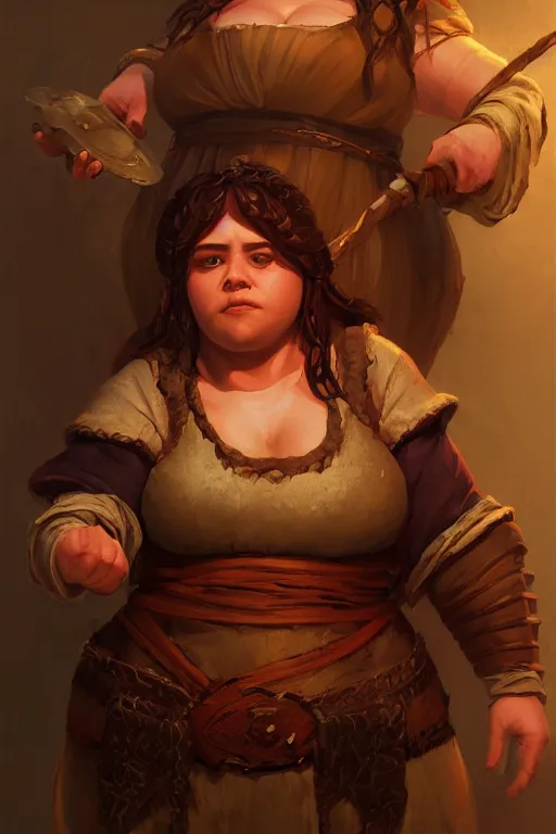 Prompt: Portrait | chubby female dwarven cook| kitchen | complex adorned braided hair | style by greg rutkowski, larry elmore, giotto dramatic light | high detail | cinematic lighting | artstation |shorty broad fat woman| happy hearty expression | dungeons and dragons |