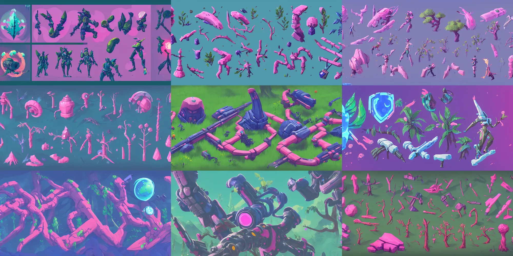 Prompt: game asset of plant and tree, in gouache detailed paintings, props, stylized, png, sprites, side view, 2 d, arcane, overwatch, blue and pink color scheme, futuristic, no mans sky, sci - fi, 8 k, close up