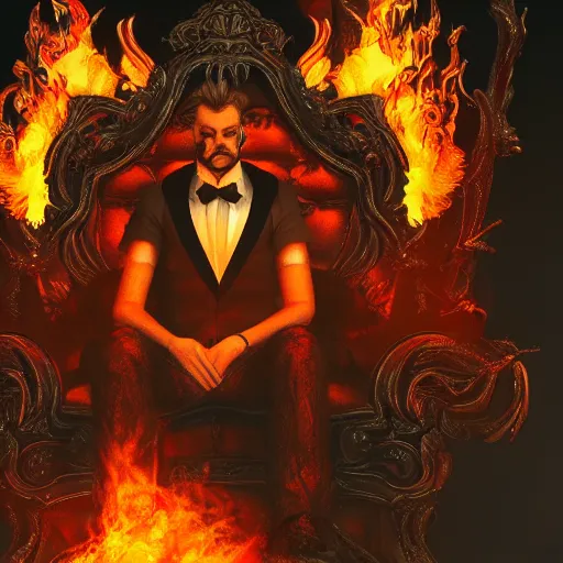 Image similar to A Male Devil sits on a throne and wears a black tuxedo , hell, landscape, fire, environment, Artstation