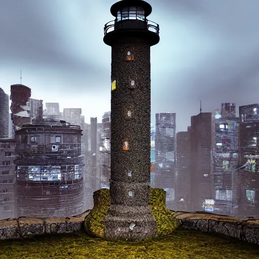 Prompt: photograph of a moss covered light house in the middle of a cyberpunk city on hills