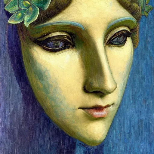 Image similar to masterpiece painting of a facemask made of stylized flowers, by annie swynnerton and jean delville and tino rodriguez and john watkiss, flower mask, art deco shaman, symbolist, dramatic lighting, god rays, elaborate geometric ornament, photorealism, modern realism, clean crisp graphics, soft cool colors, smooth, sharp focus, extremely detailed