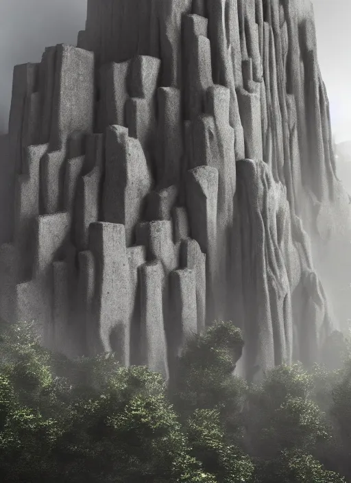 Image similar to a highly detailed brutalist concrete buidling carved into a rock face mountain, fog, mist, brutalist architecture, gothic, art deco, hyperrealism, highly detailed, intricate, cinematic, symmetrical and centered, front facing camera, cinematic, epic lighting, octane nvidia omniverse render in 4 k by james gurney, greg rutkowski, artstation