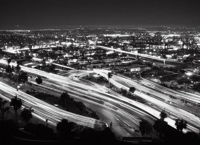 Image similar to a sprawling building complex seen from a dark parking lot in los angeles at night. 1 9 9 0 photo by james cameron. urban photography