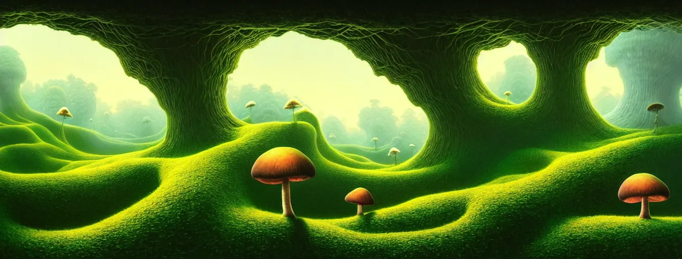 Image similar to gediminas pranckevicius beautiful and stunning professional digital artwork of a glowing mushroom cave, haze, spores floating in the air, vines, water, volumetric lighting, hyperrealistic, rtx on, ultra detail, barlowe wayne, maxfield parrish and marco mazzoni, miniature | no signature!