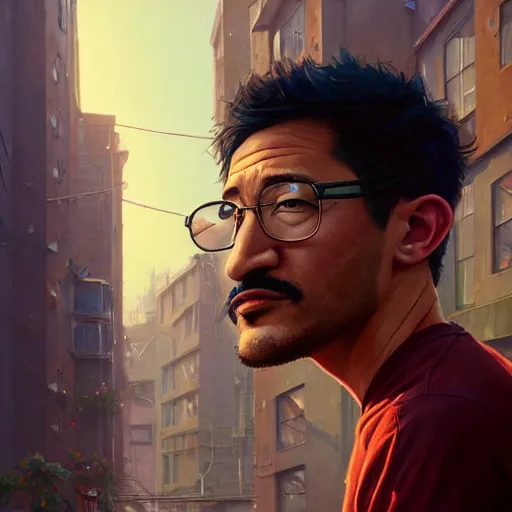 Image similar to highly detailed portrait of markiplier as muppet in gta v, stephen bliss, unreal engine, fantasy art by greg rutkowski, loish, rhads, ferdinand knab, makoto shinkai and lois van baarle, ilya kuvshinov, rossdraws, tom bagshaw, global illumination, radiant light, detailed and intricate environment