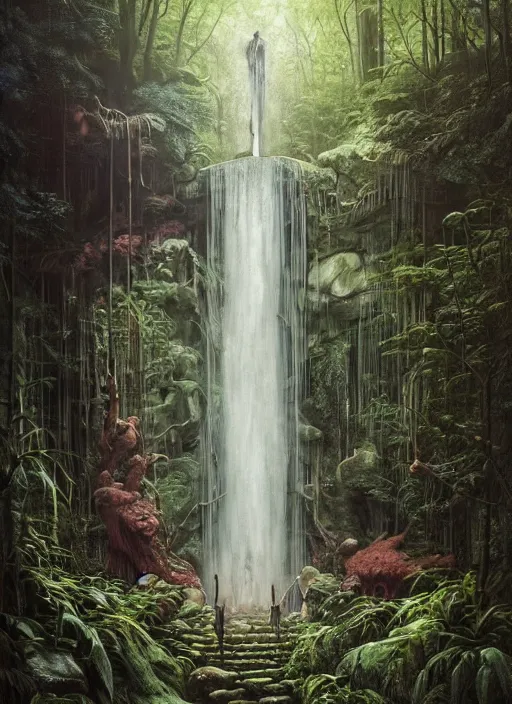 Image similar to a hyper realistic architectural witch shrine under a waterfall in the woods, gorgeous lighting, lush forest foliage, painting by chiara bautista and tom bagshaw, muca beksinski and norman rockwell and greg rutkowski weta studio, and lucasfilm