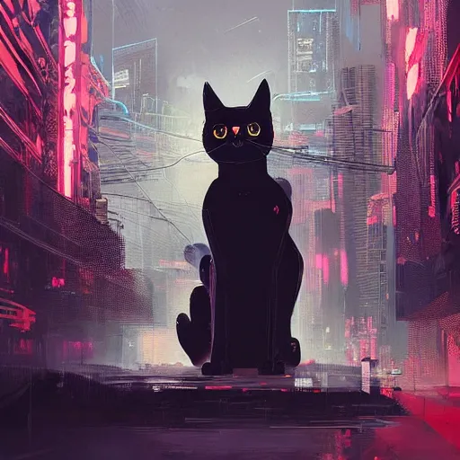 Image similar to a detailed matte painting of a black cat with red led eyes, the cat is in a intricately detailed neo cyberpunk Japanese city, the angel of death with a halo, colorful background not limited to children, by Ismail Inceoglu , concept art, featured on cgsociety