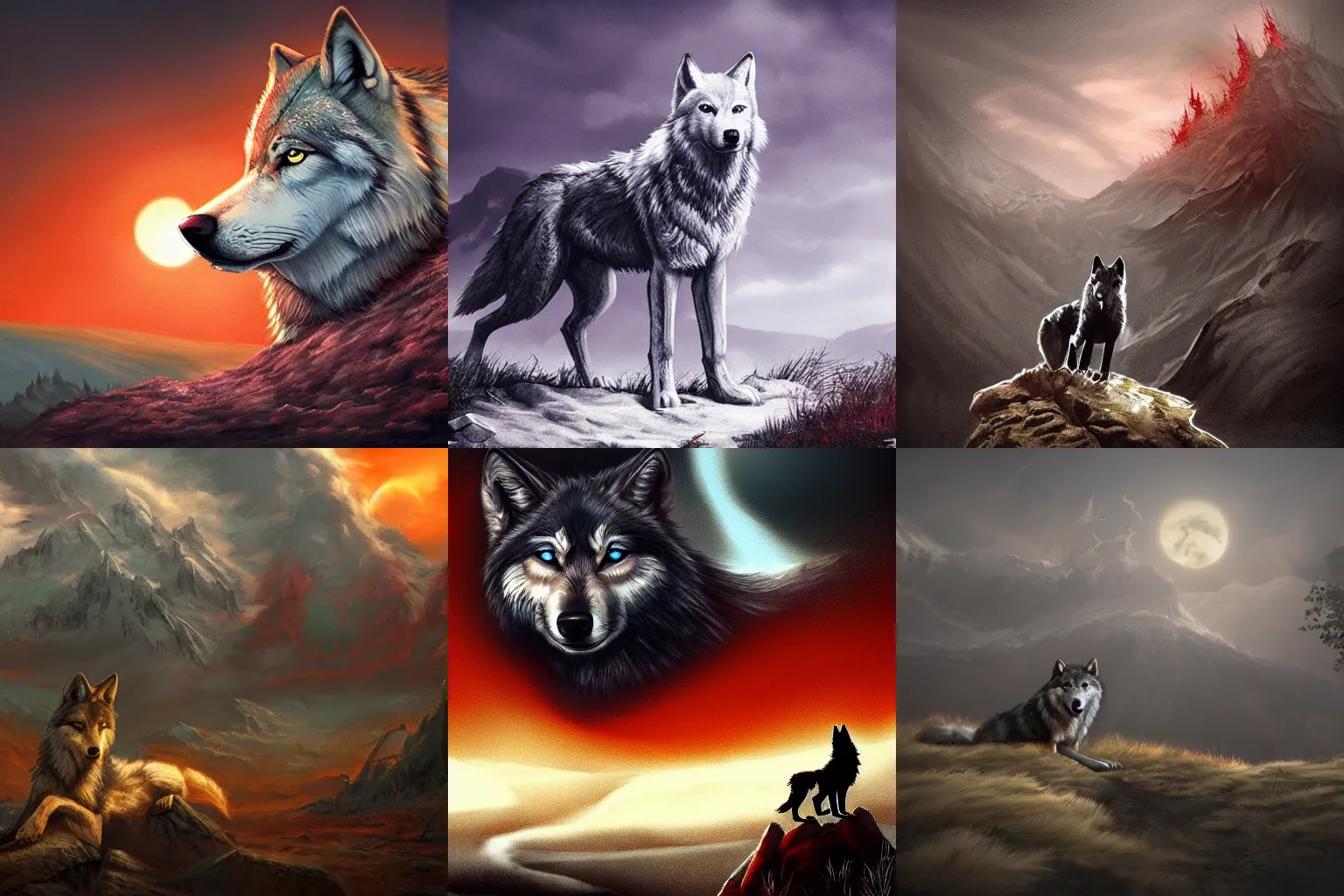 Prompt: Wolf on a hellish landscape, beautiful, warm, trending on artstation