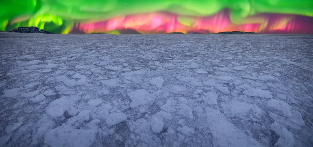 Prompt: a desolate ice scape with an aurora borealis