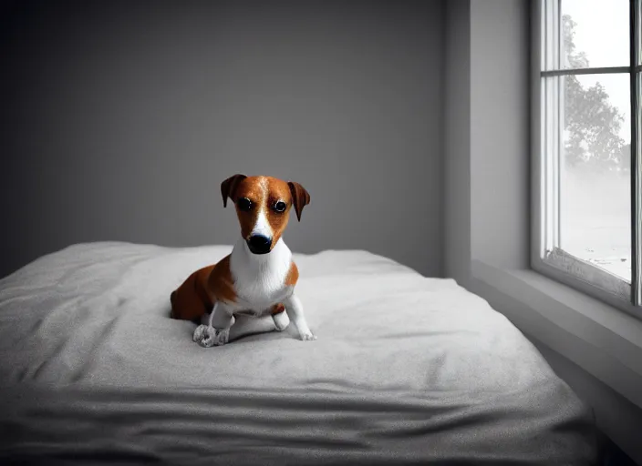 Image similar to photography of a Jack Russel . watching outside the window. on a bed. in a white room. octane render,volumetric light, volumetric fog, photorealistic,, award winning photo, 100mm, sharp, cloth, high res