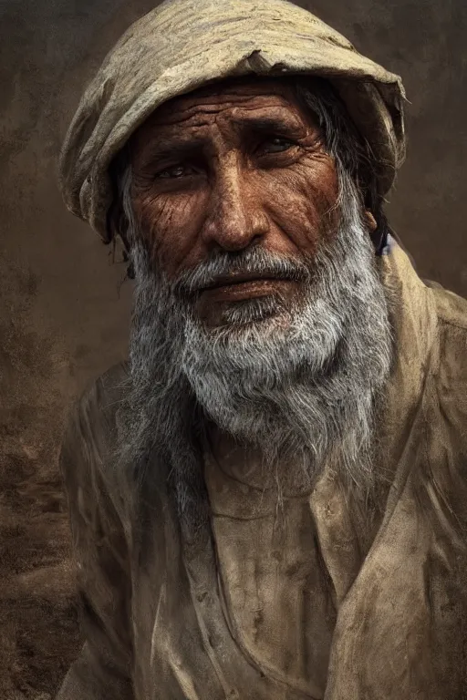 Image similar to mesopotamian fisherman, close-up portrait, poor, intricate, elegant, volumetric lighting, scenery, digital painting, highly detailed, artstation, sharp focus, illustration, concept art, ruan jia, steve mccurry and Irakli Nadar