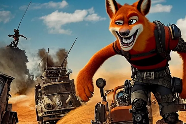 Image similar to nick wilde, heavily armed and armored facing down armageddon in a dark and gritty reboot from the makers of mad max : fury road