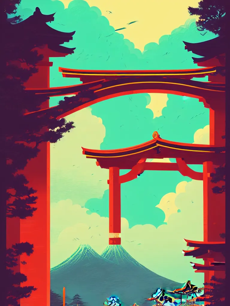 Image similar to a travel poster illustration depicting a japanese torii gate, vintage style, detailed illustration, digital painting, vector art, trending on artstration, by anton fadeev, by alena aenami