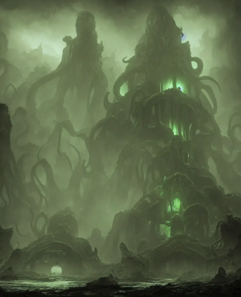 Prompt: cinematic artwork of an imposing temple of cthulhu, dark ambience, lovecraftian, green ambient light, trending on artstation, fog, 4 k, masterpiece