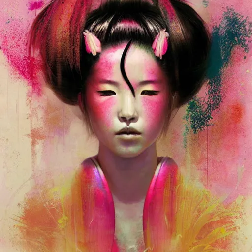 Image similar to a futuristic female geisha warrior in komono by cy Twombly and BASTIEN LECOUFFE DEHARME, pink and yellow, iridescent, volumetric lighting