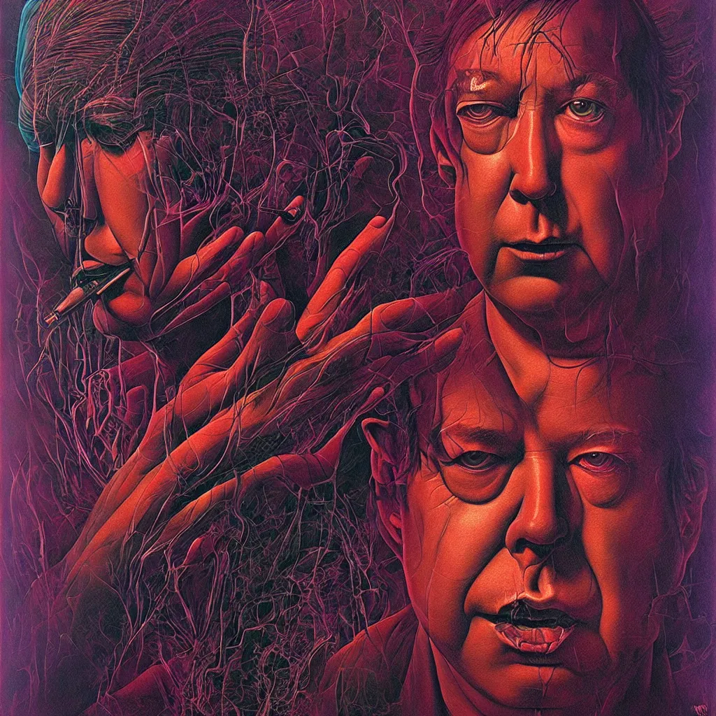 Image similar to psychedelic portrait of bill hicks smoking in the style of hans giger, alex grey, lynchian atmosphere, film noir, concept art, art by kuvshinov ilya and zdislav beksinski and wayne barlowe, vivid colors