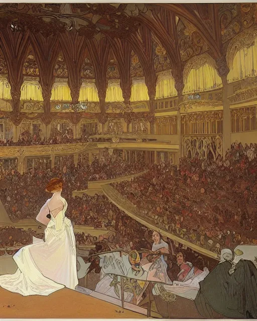 Image similar to painting alphonse mucha, interior of the opera house, view from the hall with a singer in a white dress on a lighted stage with an orchestra and audience in the hall, soft cinematic lighting, pastel color palette