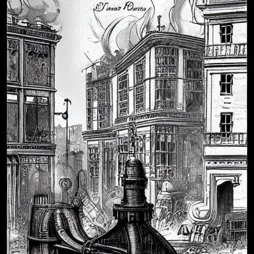 Prompt: a steampunk city, buildings, pipes, vents, steam, rundown, art by jules verne and h. g. wells.