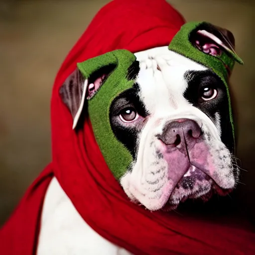 Image similar to portrait of american bulldog as afghan girl, green eyes and red scarf looking intently, photograph by steve mccurry, national geographic