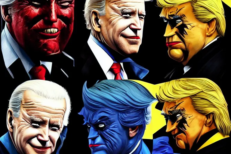 Image similar to Joe biden as batman vs donal trump as joker beautiful androgynous prince, featured on artstation, cinematic chiaroscuro, digital art by Leyendecker and Norman Rockwell