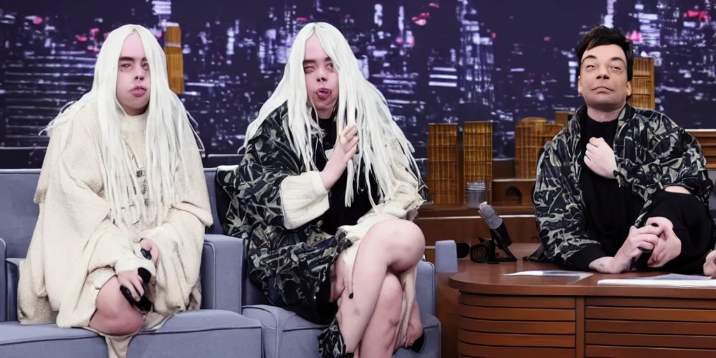 Prompt: Billie Eilish and Jimmy Fallon not wearing any clothes on the tonight show