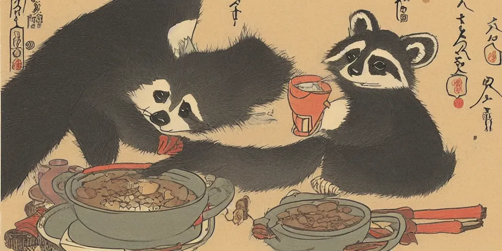 Image similar to little raccoon sitting by a cozy fireplace with a cup of tea. warm color temperature. ukiyo - e,