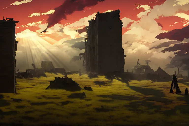 Prompt: anime key visual of grimdark fantasy landscape, open bloody battlefield plains, military encampments, overcast sky with sunrays between clouds, crumbling ancient skyscrapers, style of jamie wyeth james gilleard edward hopper greg rutkowski acrylic painting, oil on canvas, preserved museum piece, historical