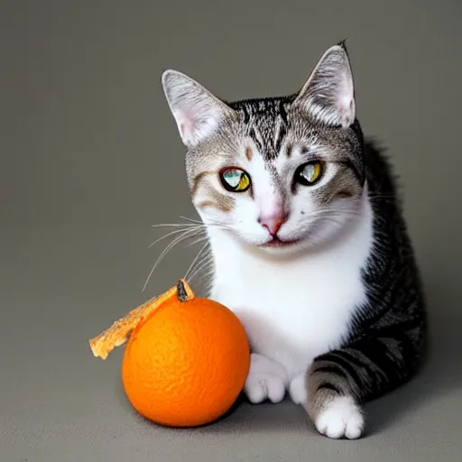 Prompt: cat with an orange peel on its head, realistic, cute