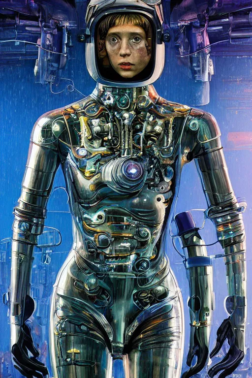 Image similar to a girl in a closed helmet in a shiny biopunk costume consisting of swollen muscles, tendons, bones joints, protruding pistons. masterpiece 4k digital illustration by Chris Foss, award winning, Artstation, blade runner aesthetic, black background, intricate details, realistic, panoramic view, Hyperdetailed, 8k resolution, intricate art nouveau