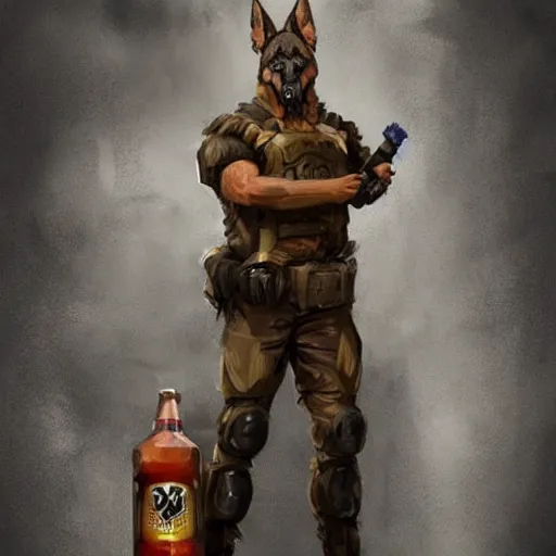 Image similar to a humanoid german shepherd beast - man in military style, holding a bottle of beer, artstation, concept art, smooth, sharp foccus ilustration, artstation