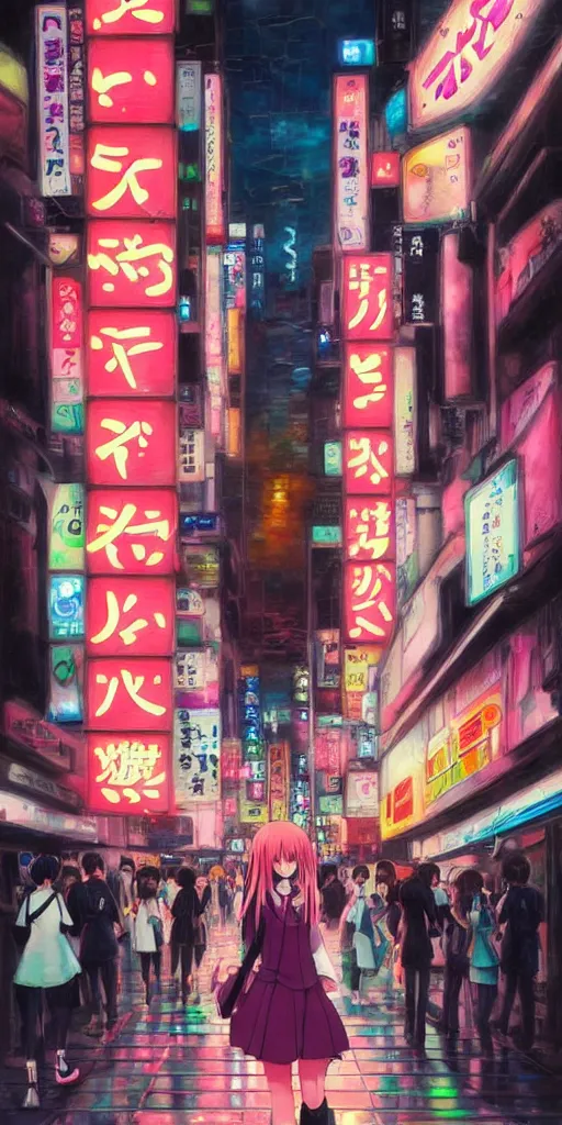 Prompt: a realistic painting of an anime girl crossing a crowded street at night in the city of tokyo. Gorgeous colors and neon light. .