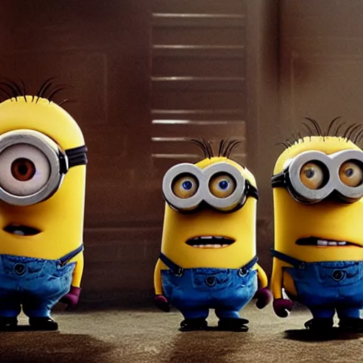 Image similar to the movie se7en!!!!!!!!! starring minions, movie still, directed by David fincher