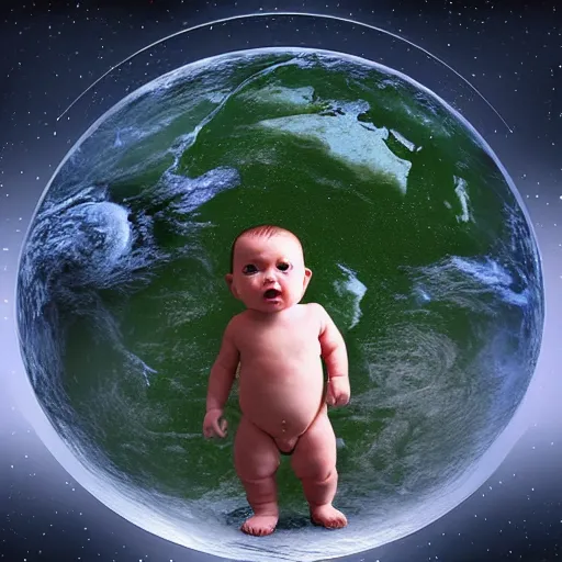 Image similar to baby from 2 0 0 1 looking over the planet looks like stanley kubrick realistic cinematic hdr