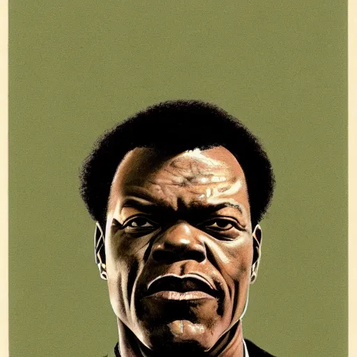 Prompt: Frontal portrait of Samuel L. Jackson from Pulp Fiction. A portrait by Norman Rockwell.