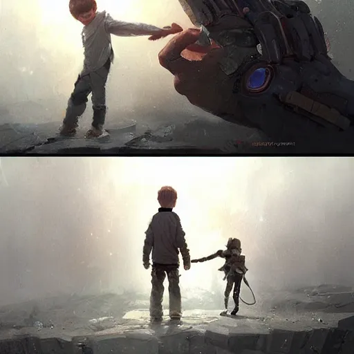 Image similar to A boy holding hands with a cyborg, trending on art station, realistic science fiction by Greg Rutkowski