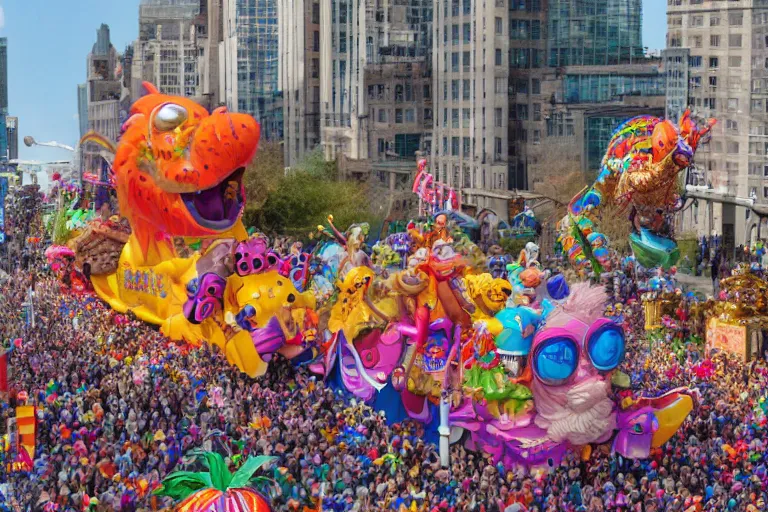 Image similar to photo of giant elaborate parade float characters designed by geoff darrow!!!! and ( ( ( ( ( ( lisa frank ) ) ) ) ) ), in the macys parade, detailed 4 k photo