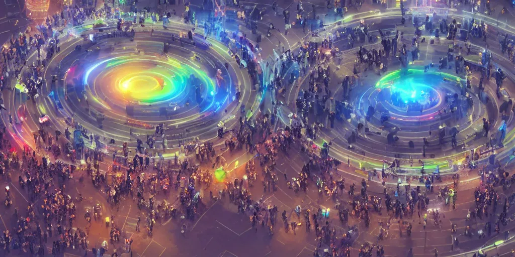 Image similar to policemen protecting a huge spiral - shaped bright luminous attractor right in the center of the city from protesting people,, rain and light fog, professional lighting, concept art in 3 d, high detail, professional lighting