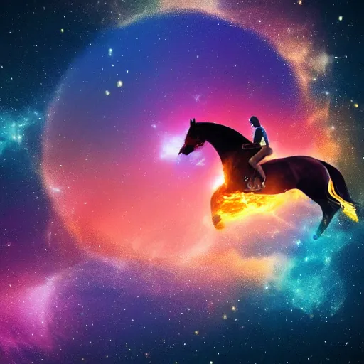 Prompt: a sandwich riding a horse in a explosion of a nebula, digital art