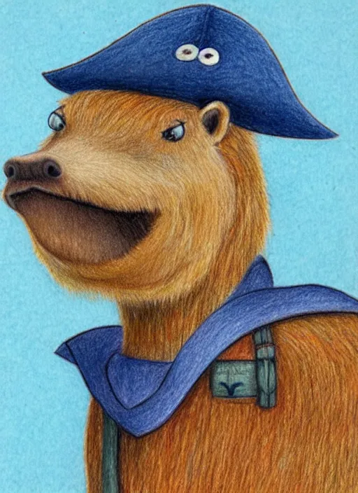 Prompt: detailed colored pencil drawing of a cute anthropomorphic capybara as a pirate