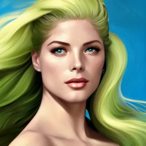 Prompt: A combination of Grace Kelly's and Katheryn Winnick's and Ashley Greene's faces with light green hair as a mermaid on the beach, western, fantasy, intricate, elegant, highly detailed, digital painting, artstation, concept art, matte, sharp focus, illustration, art by Artgerm and Greg Rutkowski and Alphonse Mucha