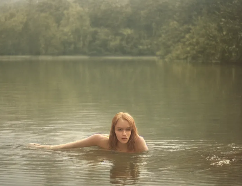 Prompt: woman swimming in the lake, country style, Cinematic focus, Polaroid photo, vintage, neutral colors, soft lights, foggy, by Steve Hanks, by Andrei Tarkovsky, by Terrence Malick, 8k render, detailed, oil on canvas, wide shot