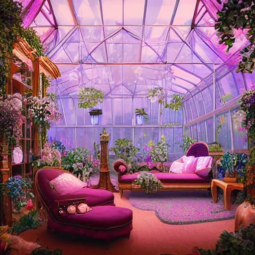 Image similar to a musical bedroom art deco greenhouse. the greenhouse is built into a giant oak tree, ornate, beautiful, atmosphere, vibe, flowers, concept art illustration, greg rutowski, volumetric lighting,