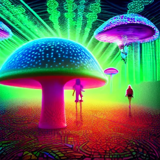 Image similar to Little girl wandering among many giant glowing mushrooms, Neon colors, psychedelic art, trippy, 4k, HQ, Trending on Artstation