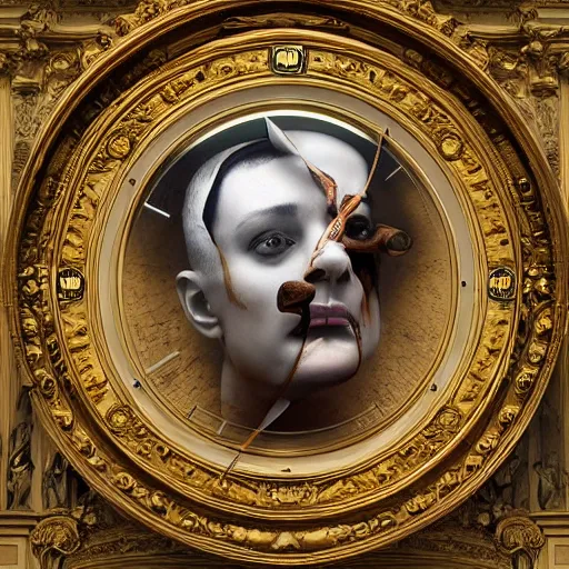 Image similar to human head replaced with clock in baroque style , surrealism , hyperrealistic , photoreaistic