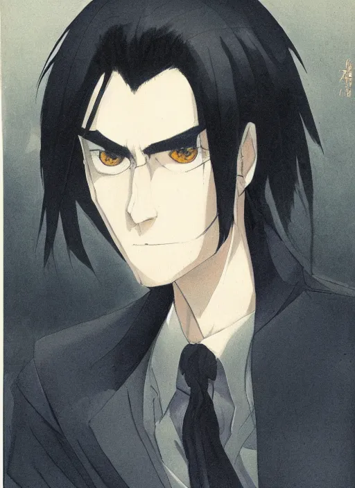 Image similar to portrait by studio gainax, handsome male vampire, focus on face, long black hair, dark blue shirt, light brown coat, red - eyes,