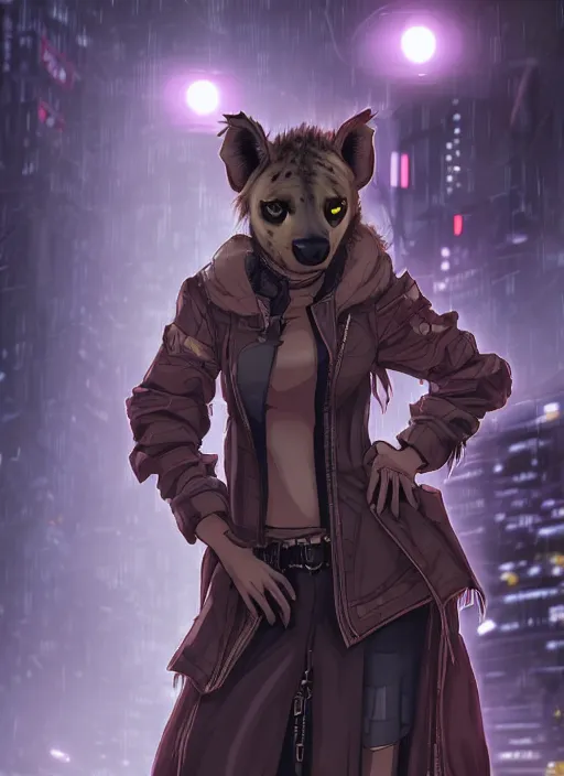 Image similar to character portrait of a female anthro hyena fursona with a cute beautiful attractive face and long black curly hair wearing jedi robes in a cyberpunk city at night while it rains. hidari, color page, tankoban, 4K, tone mapping, Akihiko Yoshida.