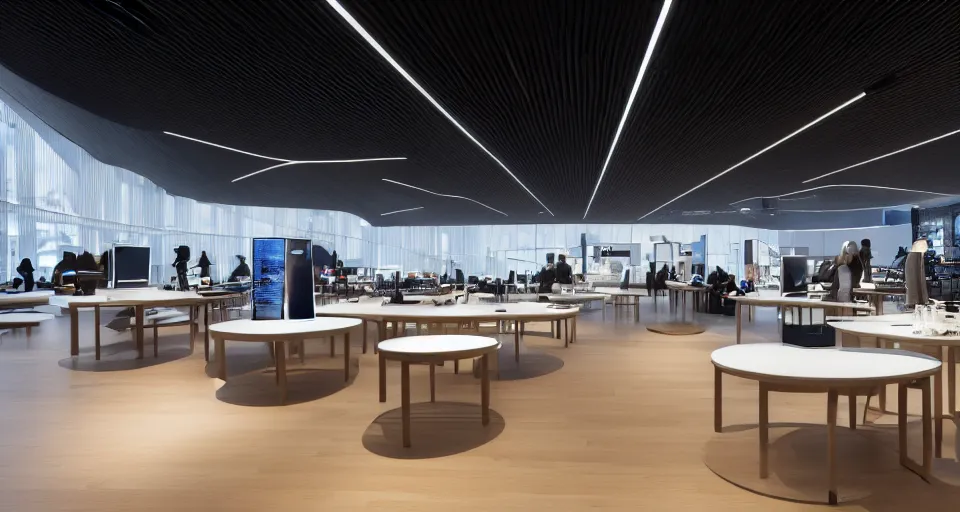 Image similar to A flagship Samsung store. black walls. timber floor. high ceilings with spots. wood furniture with large digital screen. display tables with phones and tablets, pots with plants, digital screens on the walls, Architectural photography. 14mm. High Res 8K. award winning architectural design, inspired by Arne Jacobsen, Niels Otto Møller, Verner Panton, Scandinavian Design, warm and happy, inviting