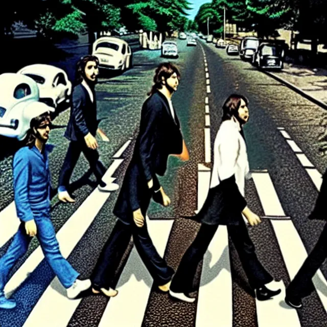 Prompt: the beatles abbey road album cover in the style of google street view